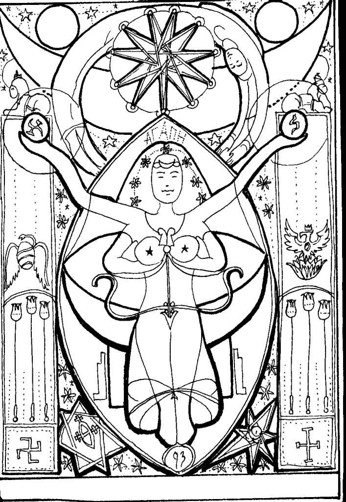 Seated nude woman with four arms, eleven-pointed star, Agape, hexagram
