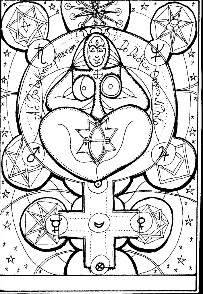 Central nude woman in Venus symbol surrounded by planetary symbols and pentagrams
