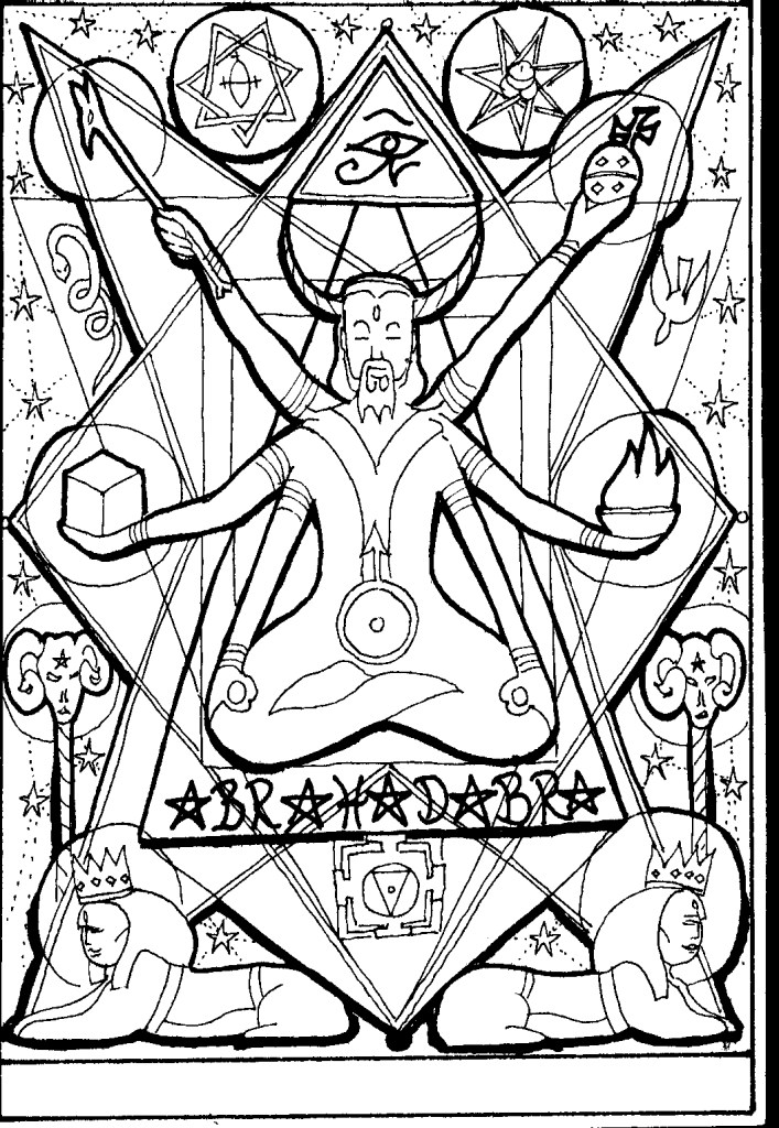 Bearded four-armed man with Horns, Eye of Horus, winged disk, sphinxes
