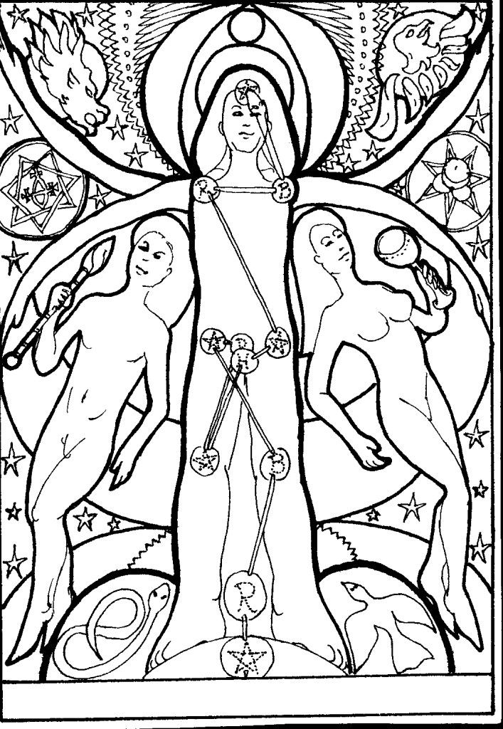 Tree of Life on central figure, nude figures left and right, stars
