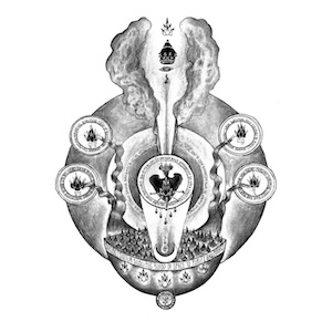 Central heart symbol inside symmetrical black-and-white illustration with medallions