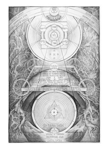 Square vertical Aleph diagram with internal heart and Merkavah wheels