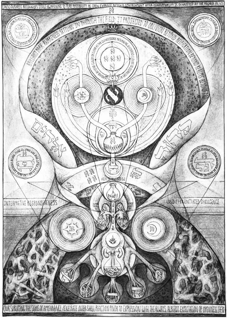 Vertical anatomical Aleph diagram with central heart and symmetrical circular medallions