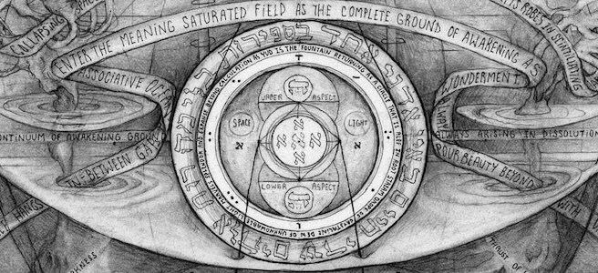 Wide illustration with central Aleph-cross, flanking circles, roots, and banners