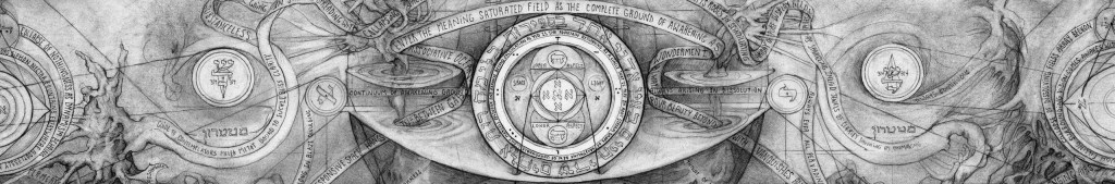 Wide illustration with central Aleph-cross, flanking circles, roots, and banners