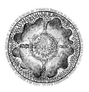 Circular mandala with central hexagram, four medallions, and textured quadrants