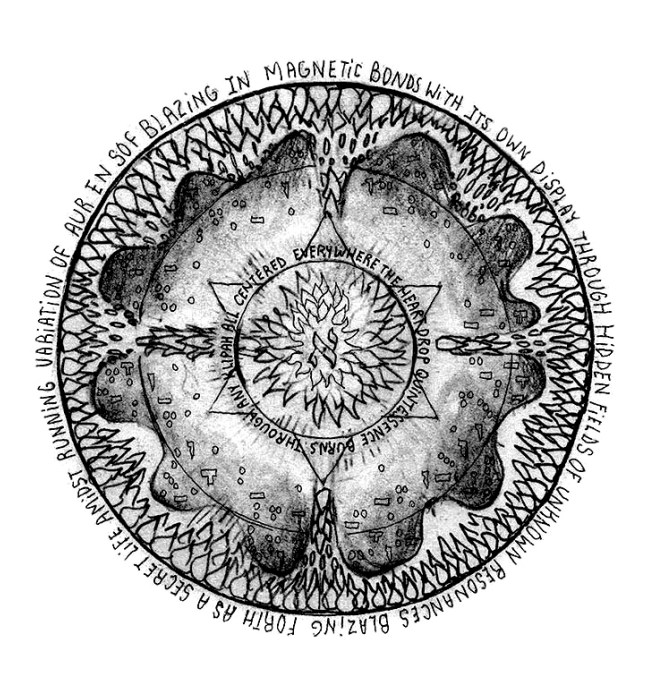 Circular mandala with central hexagram, four medallions, and textured quadrants