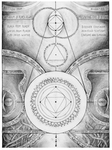 Black-and-white vertical illustration with nested circles, triangles, banners, and root textures