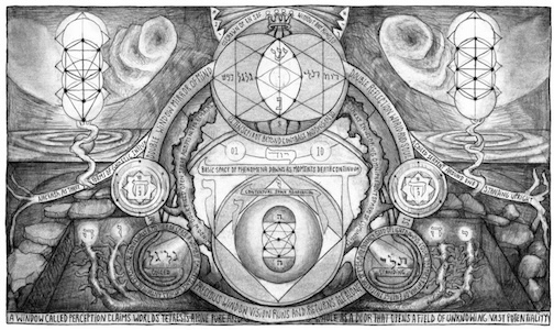 Black-and-white horizontal illustration with central crowned circle, flanking pillars, roots, banners, and Tree of Life motifs