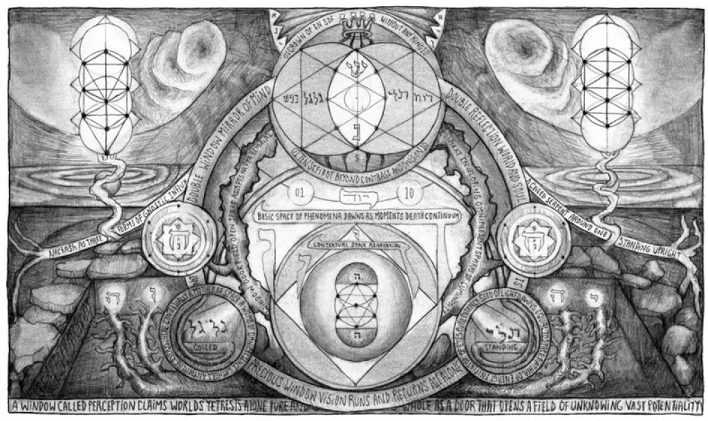 Black-and-white horizontal illustration with central crowned circle, flanking pillars, roots, banners, and Tree of Life motifs