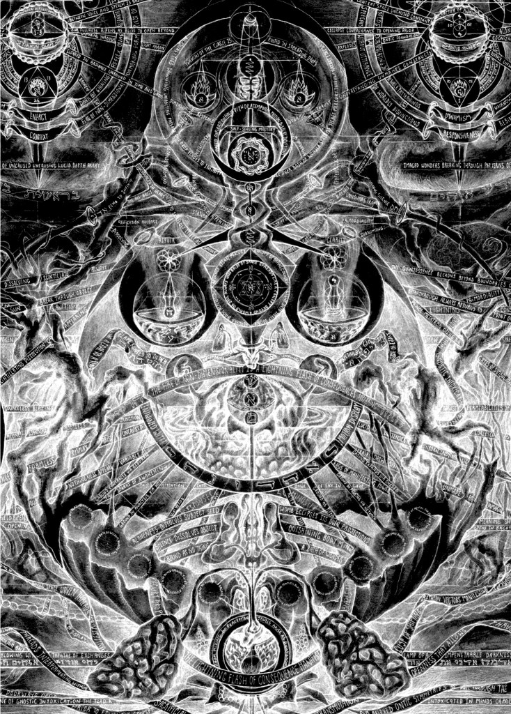 Vertically oriented black-and-white illustration with central axis, spheres, roots, banners, and brain-like forms