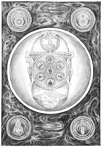 Vertically oriented pencil illustration with central circular axis, nodes, symbols, and corner medallions