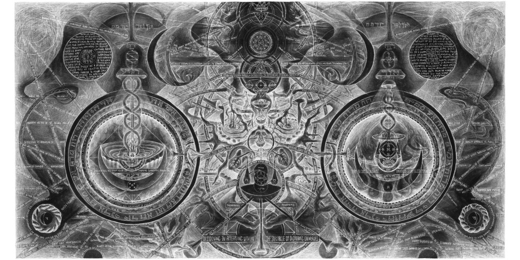 Dark grayscale illustration with twin serpent pillars and round symbols