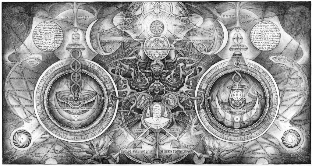 Black-and-white wide illustration with two circular chambers, serpent, vessel, roots, and central axis