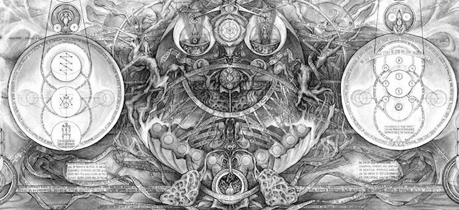 Black-and-white wide illustration with left and right circles, central roots, and brain-like forms