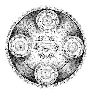 Black-and-white circular mandala with central hexagram, four nodes, and textured quadrants