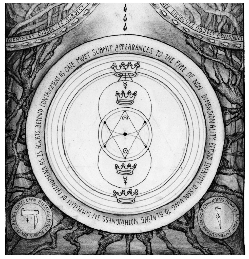 Alchemical diagram with central hexagram, triple crown, and caduceus
