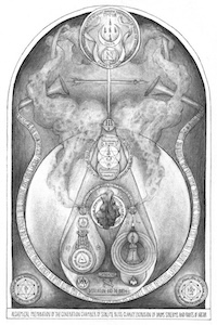 Black-and-white arched illustration with crescent medallion, vessels, smoke, and roots