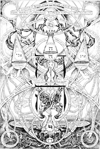 Alchemical diagram with celestial vessels, Hebrew calligraphy, and roots