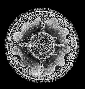 Dark circular diagram with central hexagram and Hebrew letter Aleph