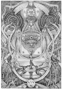Black-and-white illustration with central square vessel, heart, spirals, roots, and chalices