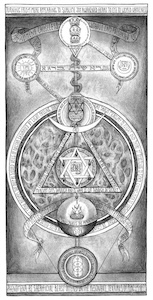 Alchemical diagram with pyramid, hexagram, and celestial symbols
