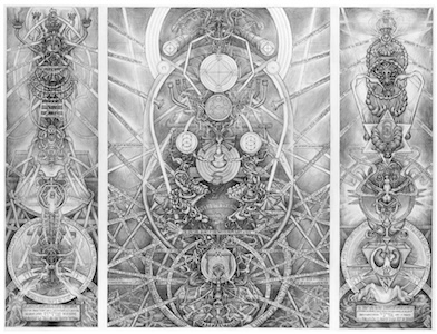 Three-panel alchemical composition with sacred geometry and celestial symbols