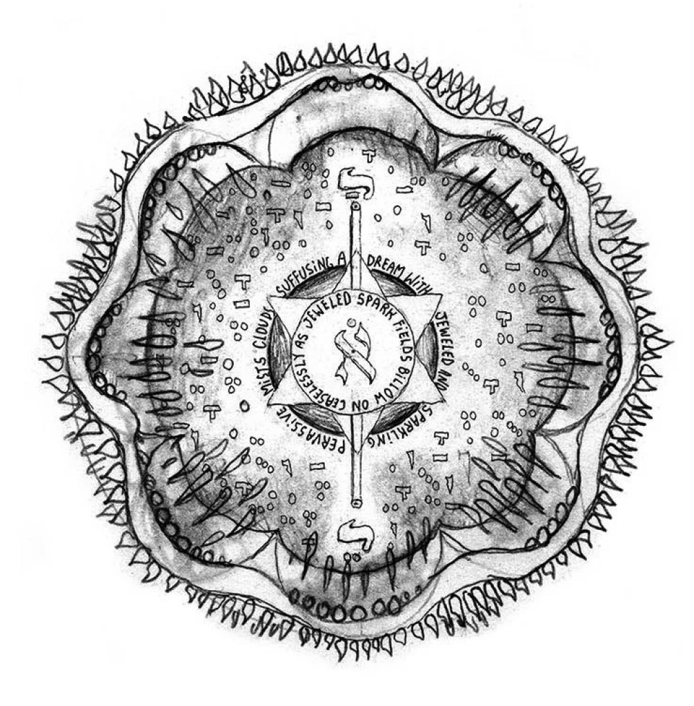 Jeweled spark Mandala surrounding Hebrew letter Aleph