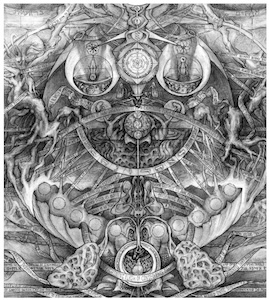 Geometric chalice with root-like structures, cosmic symbolism