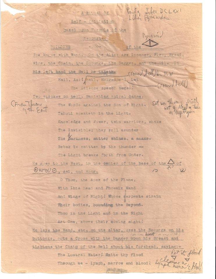 Typewritten page titled A Ritual of Self-Initiation with handwritten mystical notes and pyramid diagram