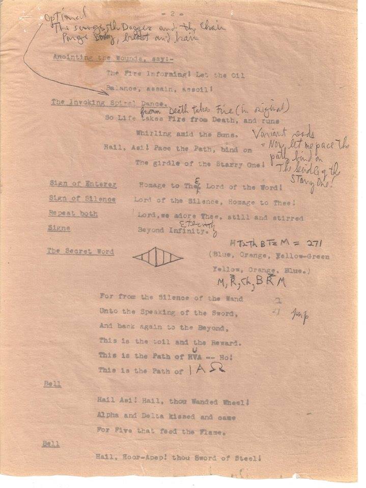 Typewritten occult manuscript page with handwritten edits and small pyramid diagram