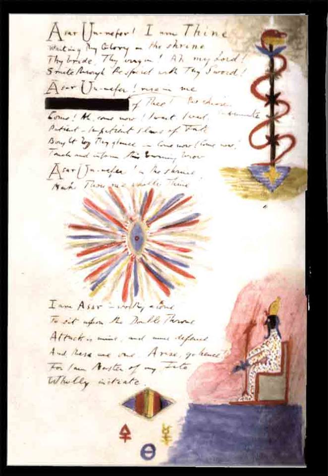 Handwritten occult manuscript page with mystical text, radiating eye, coiled serpent, Egyptian figure.