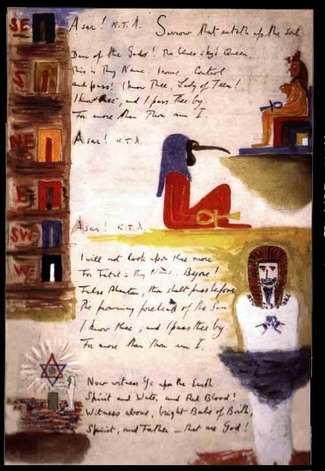 Handwritten manuscript page with colored doors on left and Egyptian figures on right
