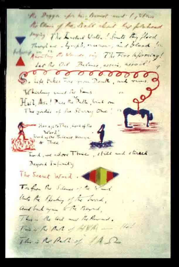 Handwritten manuscript page with English text, blue figure, red spiral, triangles, and colorful diamond