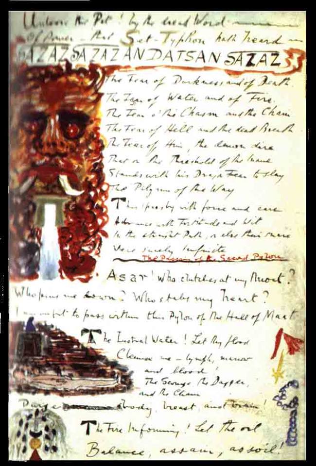 Vertical manuscript page with red-haired tusked face, text, staircase, dagger, necklace