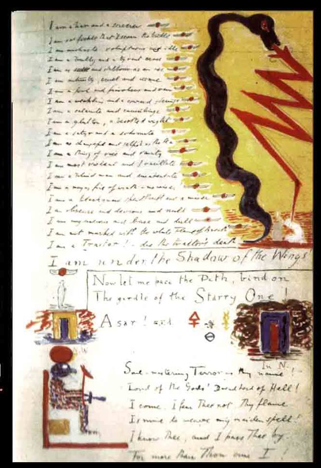 Handwritten occult page showing black serpent with red lightning and Egyptian symbols