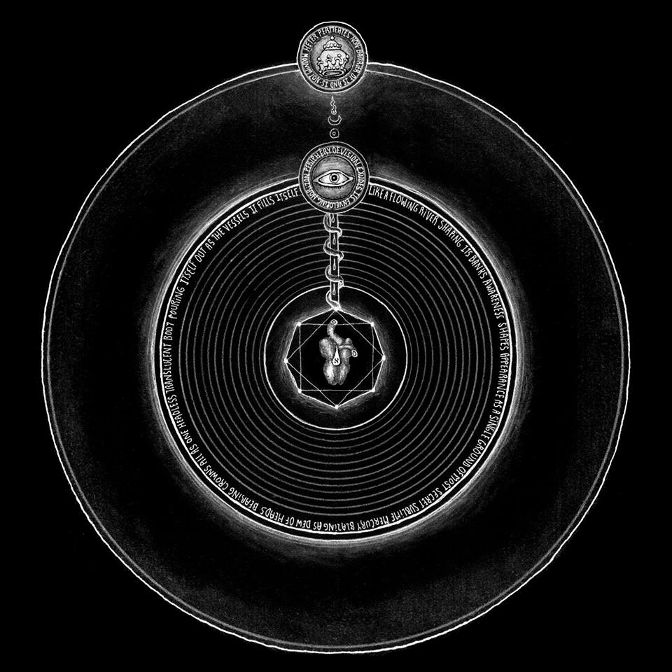 Dark mystical circular diagram with heart in hexagram and all-seeing eye