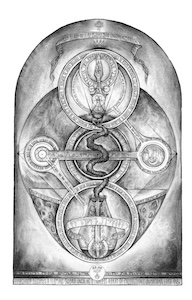 Alchemical archway with serpent ascending through geometric planetary spheres