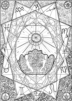 Vertical esoteric diagram with goblet, spheres, alchemical vessels, chains, and swirling waters