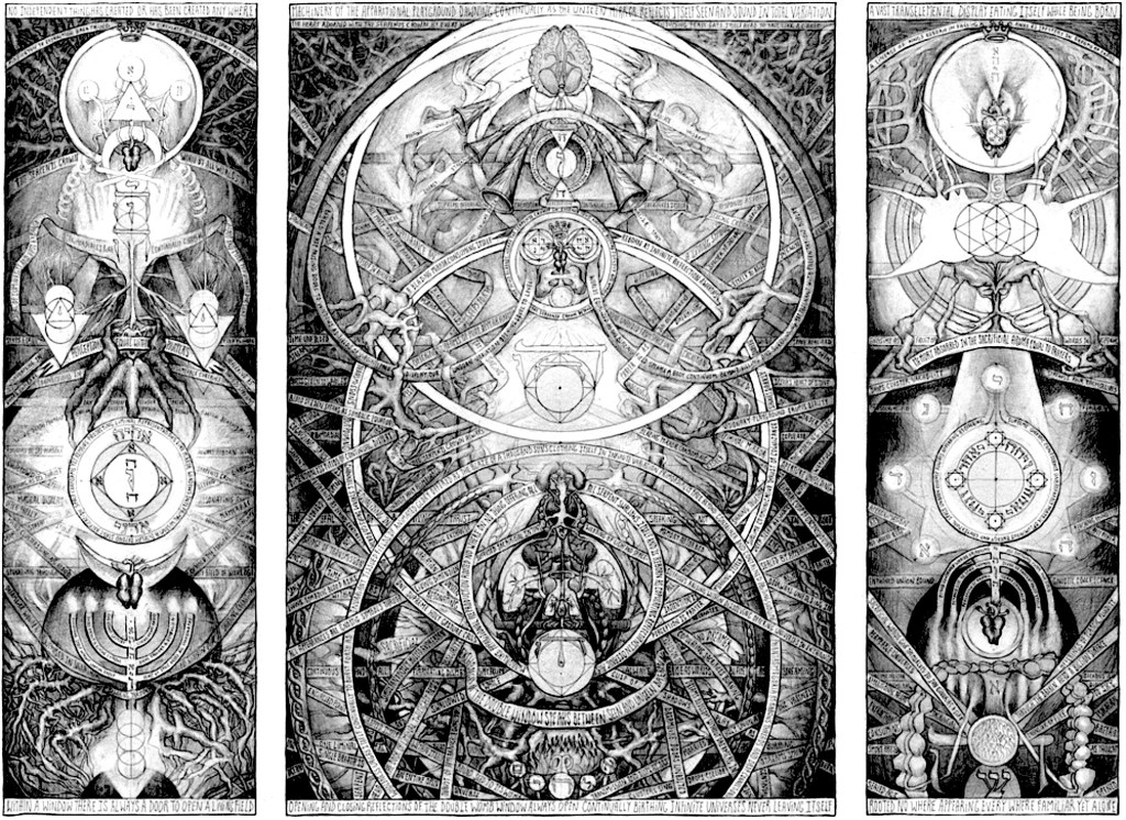 Esoteric triptych with mandala and symbolic pillars
