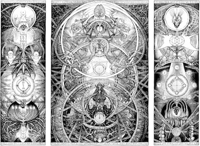 Esoteric triptych with mandala and symbolic pillars