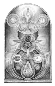Black-and-white arched illustration with central vessels, top flame, sun and moon nodes