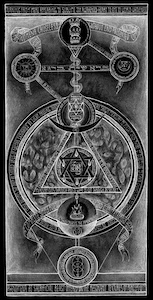 Black and white drawing with Hexagram and caduceus alchemical scroll