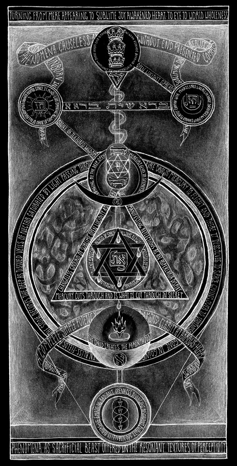 Black and white drawing with Hexagram and caduceus alchemical scroll