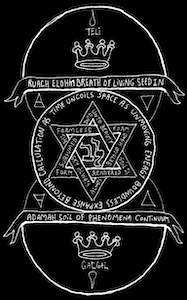 Black-and-white diagram with central hexagram containing flame symbol, semi-circular banners, overlapping circles, and top and bottom medallions with crowns and drops