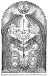 Black-and-white vertical composition with top and bottom crescents with crowns and drops, central hexagram with geometric symbols, and connecting banners