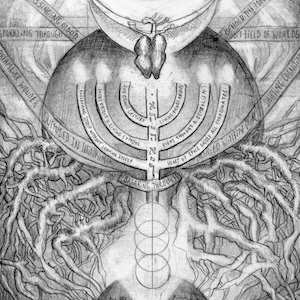 Illustration with a menorah, an anatomical heart, and roots