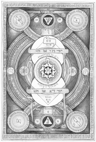 Black-and-white vertical diagram with central hexagram, overlapping circles, semi-circular banners, and corner medallions with geometric symbols