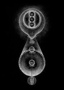 Black-and-white vertical composition with glowing upper orb, funnel connecting to tear-shaped vessel, central nodes, and overlapping rings at base