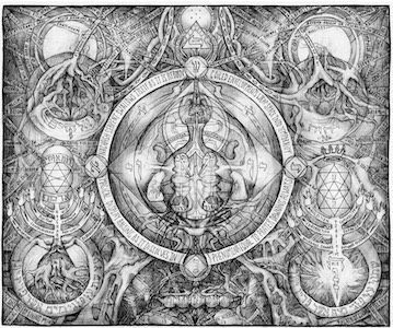 Black-and-white esoteric square illustration with central anatomical circle, corner root-like nodes, hexagram medallions, and interconnected root networks